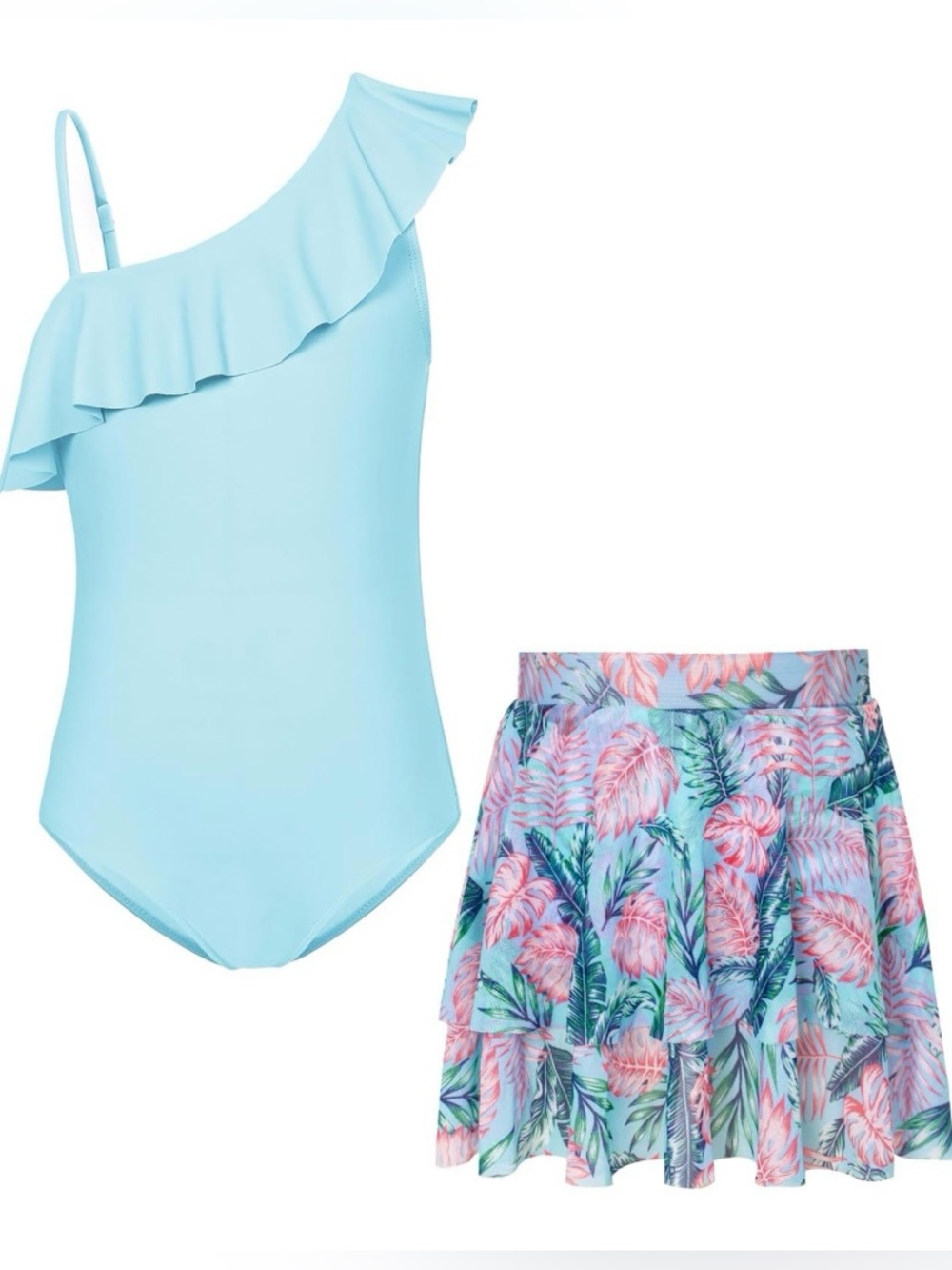 Grace Karin Light Blue One-Shoulder Ruffle Swimsuit with Floral Swim Skirt